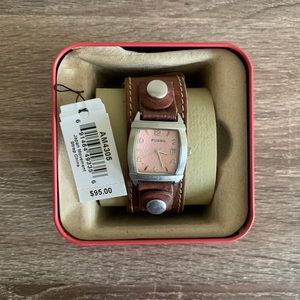 Brown leather Fossil watch with pink watch face